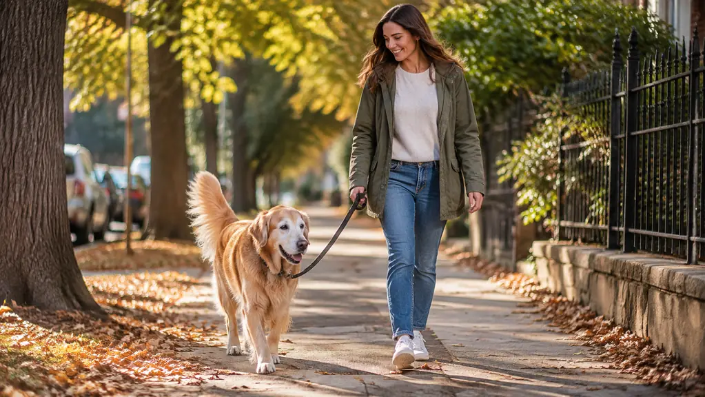 A dog and a person walking down a tree-lined sidewalk on a mild afternoon