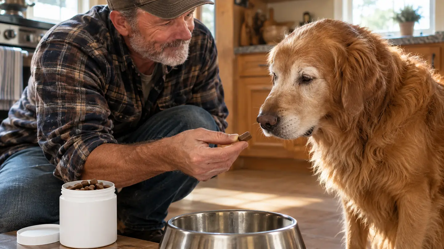 A hand offering a soft chew to an older dog beside a stainless steel bowl