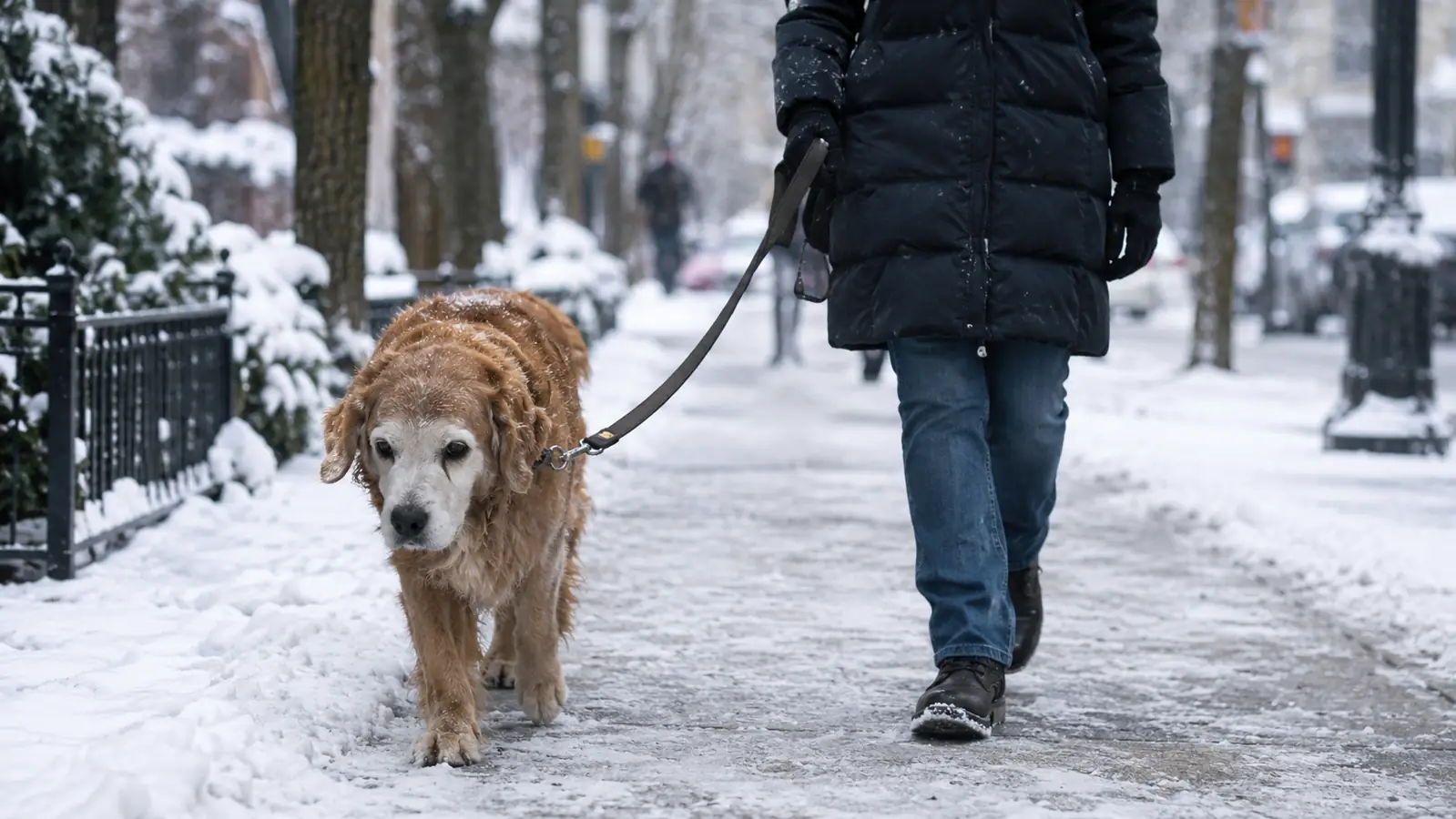 An older dog walking slowly on a leash along a snowy sidewalk in winter