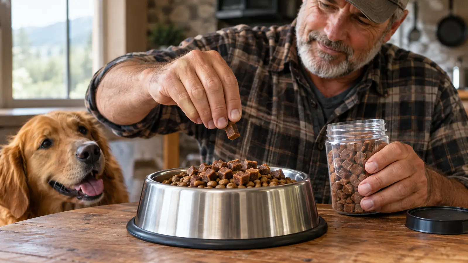 A hand sprinkling a soft chew on top of kibble in a stainless steel bowl