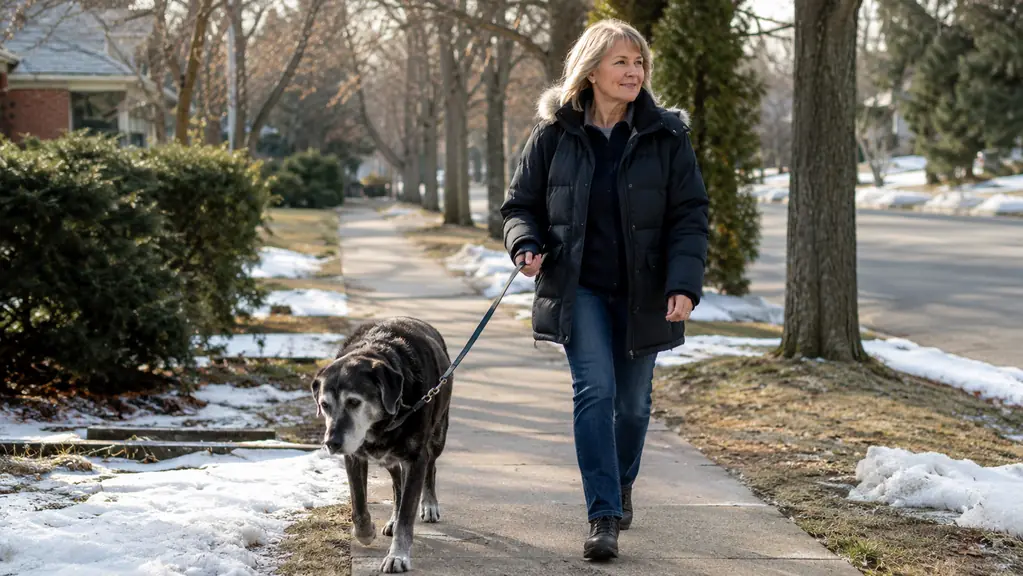 An older dog and its owner on an early spring walk along a quiet tree-lined street