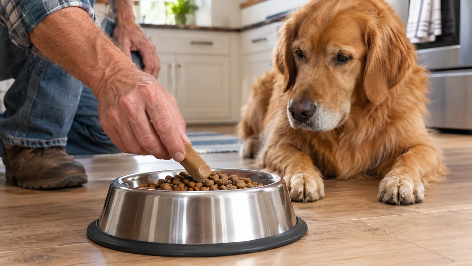 A hand placing a soft chew on top of a dog's kibble in a stainless steel bowl