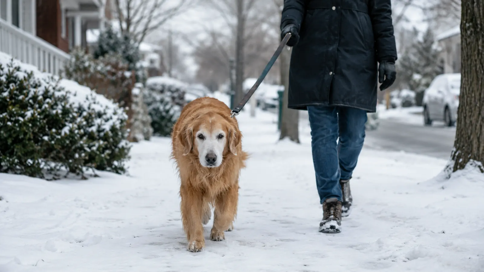 An older dog walking slowly on a leash down a snowy residential sidewalk in winter